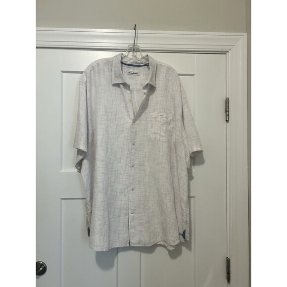 Tommy Bahama Shirt Men Size 2X 100% Linen Button Up Red White Blue Short Sleeve - Picture 1 of 5